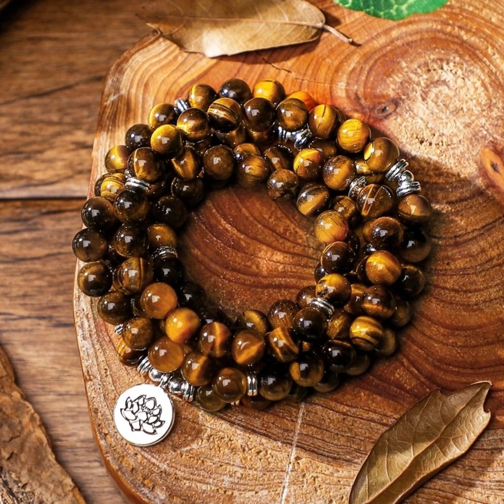Tiger's Eye 108 Mala Bead Prayer Lotus Healing Meditation Necklace Bracelet Gift